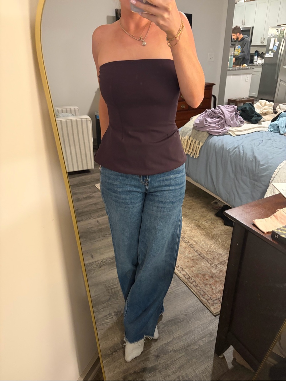 Purple strapless top